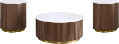 Coaster Home Furnishings - Jason - Wood and Metal - 3-Piece Coffee Table Set with Marble Tops, Reeded Drum Bases, and Gold Ring Accents - Living Room - Honey Brown and White Marble - 712418-S3