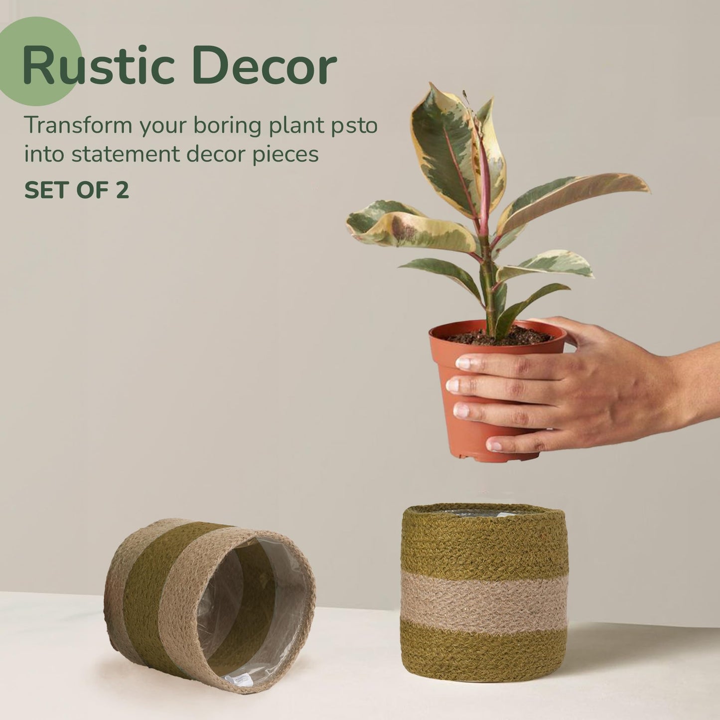 Eco Living Jute Planter Basket-Woven Jute Rope Covers for Decorating Indoor/Outdoor Succulents, Small Plant Pots-Set of 2-Multi-Purpose Storage Bins 4.5 Inches - Modern Style Décor - Olive & Natural