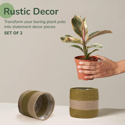 Eco Living Jute Planter Basket-Woven Jute Rope Covers for Decorating Indoor/Outdoor Succulents, Small Plant Pots-Set of 2-Multi-Purpose Storage Bins 4.5 Inches - Modern Style Décor - Olive & Natural