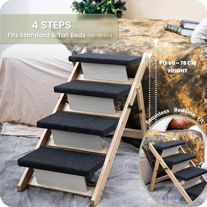 MEWANG Wood Pet Stairs & Ramp for Small/Medium Dogs & Cats, Aging Pets – 2-in-1 Foldable, Portable, Non-Slip Pet Ladder for Tall Beds, Couches, Cars – Holds Up to 220 lbs (31.5" L x 17.2" W x 25.0" H)