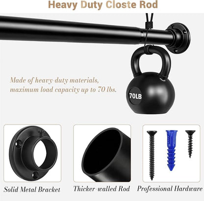 Closet Rod Adjustable 17 to 28 Inch, 1-1/4” Diameter, Closet Rods for Hanging Clothes, Stepless Metal Heavy Duty Hanging Rod for Closet Wardrobes Laundry RV (Black)