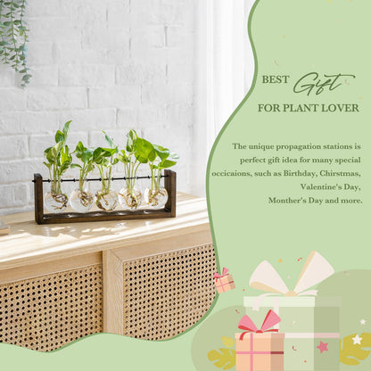 Mkono Plant Terrarium with Wooden Stand, Wall Hanging Glass Planter Desktop Plant Propagation Vase with Metal Swivel Retro Rack for Hydroponics Plants Home Office Decor (5 Bulb Vase)