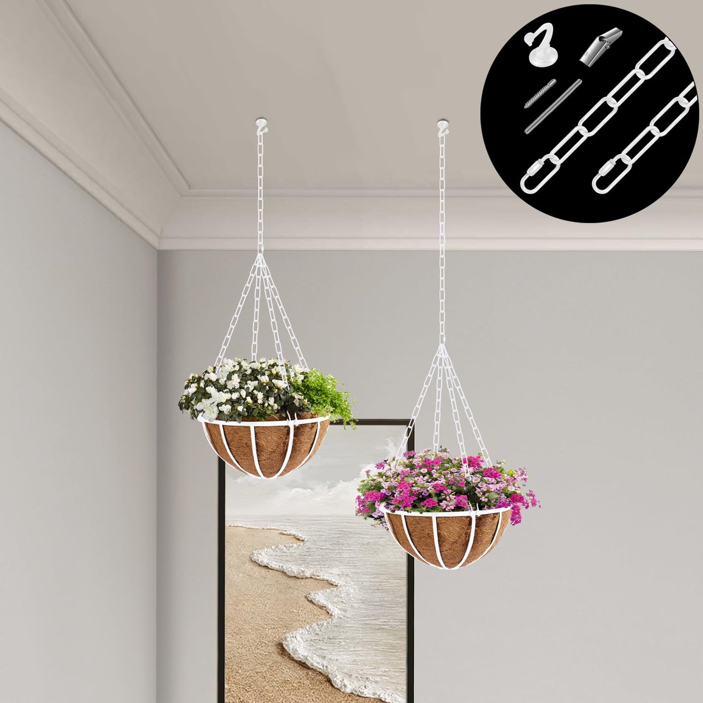 Omytie 12 Ft Heavy Duty Hanging Chain Kit with Connection Locks & Swag Ceiling Hooks for Lighting Fixture, Chandelier, Pendant, Lantern, Swag Lamp, Plant/Flower/Fruit Basket, Bird Feeder (White)
