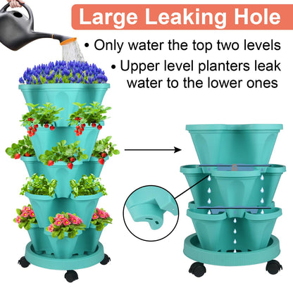 DUNCHATY Stackable Planter, Vertical Garden Planter with Wheels and Tools, Self Watering Strawberry Planter Indoor/Outdoor 5 Tier Herb Planter Pots for Growing Vegetables and Succulents, Teal