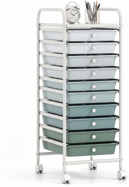 COSTWAY 10-Drawer Rolling Storage Cart, Utility Mobile Trolley with Removable Drawers & Universal Casters & 2 Brakes (Green Gradient,13"L x 15"W x 34"H (10 Drawer))
