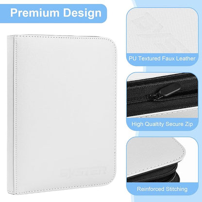 BYSTER 4 Pocket Card Binder, Premium PU Trading Card Binder with Zipper, 160 Capacity Side-Loading Binder for TCG, MTG, Sports Cards, Game Cards, White