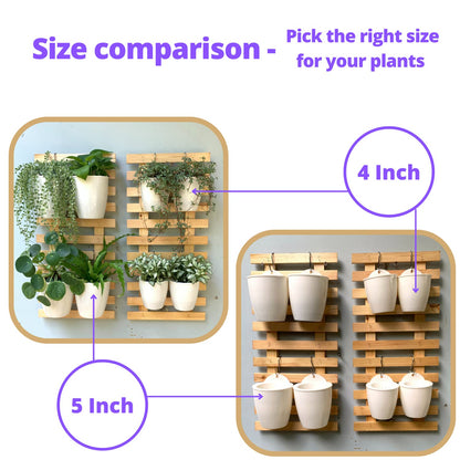 ShopLaLa Bundle- 4" White Self Watering Plastic Pots x 10 Pack + White Wooden Hanging Planters x 2 Pack Vertical Wall Mounted Pot Holder Indoor Plants Modern Hydroponic Herb Succolent Garden LaLaGreen