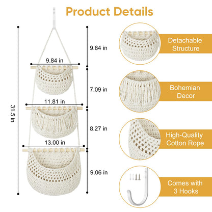 GLDFI Boho Style Handwoven Rope Hanging Basket - 3-Tier Detachable Storage Organizer for Kitchen/Bathroom/Entryway, 3 Included Heavy-Duty Hooks, 7 Color Options Available (Brown)