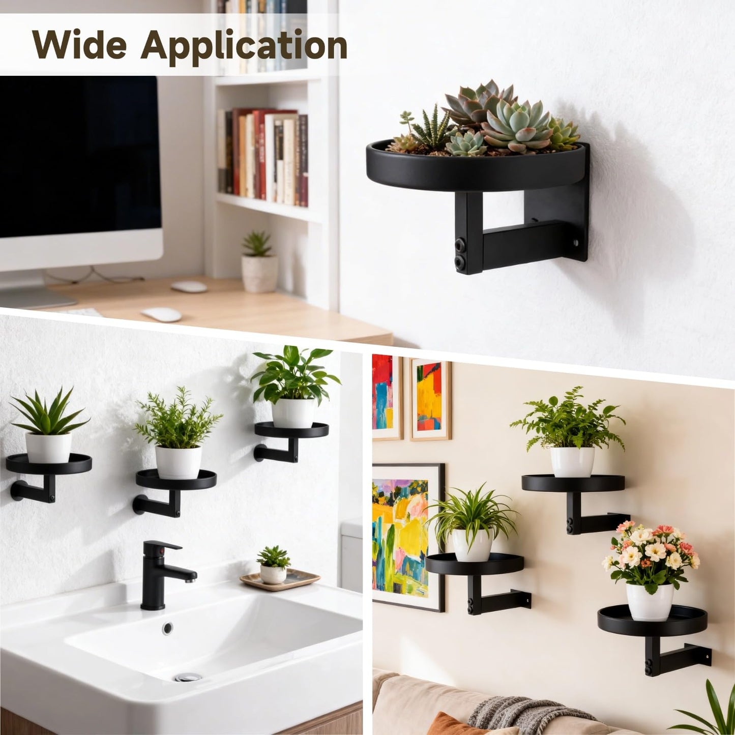 OMISTAR 3 Pcs Wall Plant Holder, 5.9 in Metal Floating Shelf with Round Tray, Wall Mounted Plant Stand for Indoor Greenery, Space-Saving Design for Living Room, Bedroom, Home Office