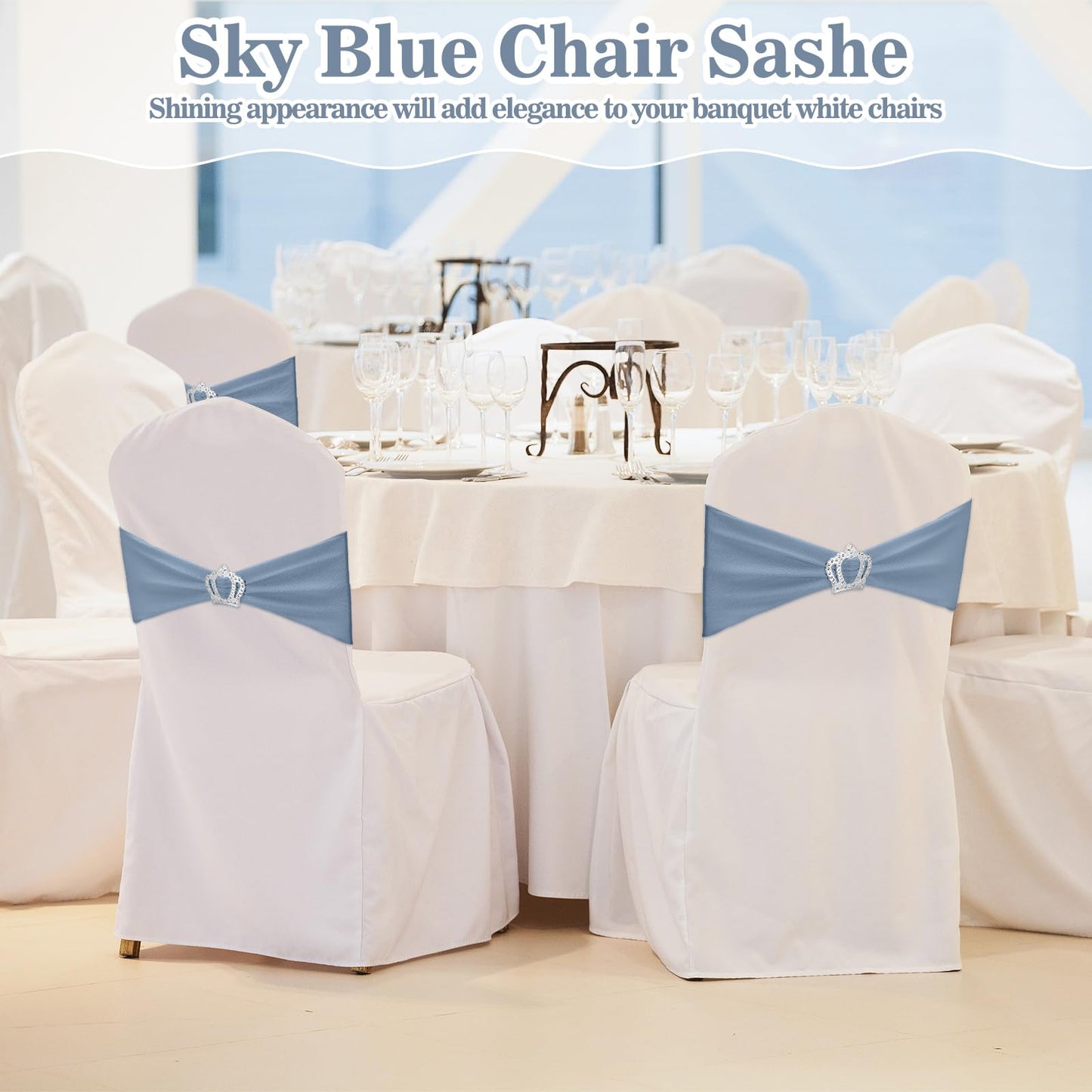 VitalCozy 100 Pcs Spandex Chair Sashes with Crown Buckle Slider Stretch Chair Bands Cover Ties for Wedding, Banquet, Gala, Corporate Event, Birthday Party, Baby Shower(Dusty Blue)
