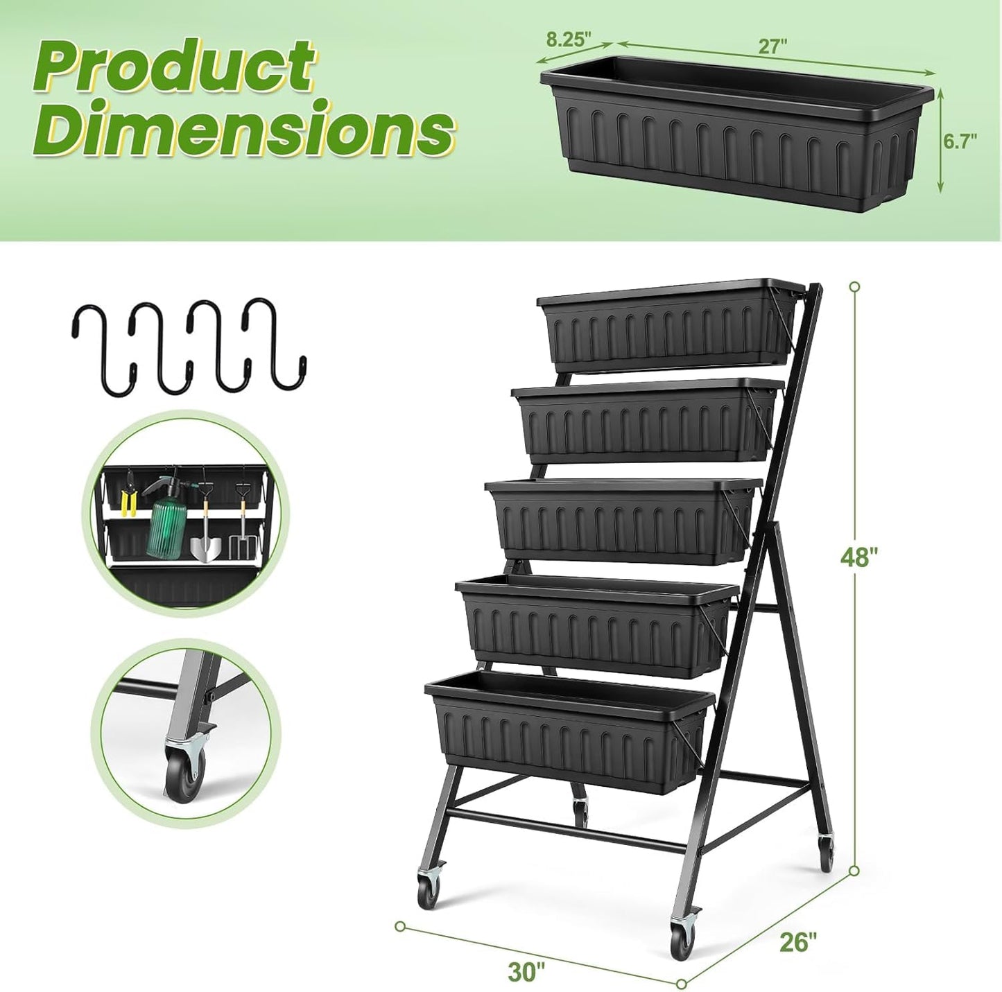 TEANDE 2 Pack Vertical Raised Garden Bed with Wheels, 5-Tier Elevated Planter Box w/Drainage System & 4 Hooks for Herbs Vegetables Flowers, Vertical Garden Planter for Patio Yard Indoor Outdoor