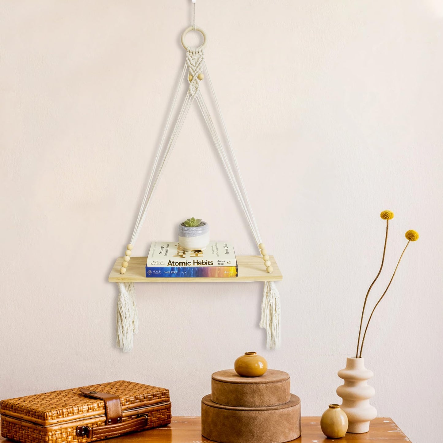 HVEST Macrame Wall Hanging Shelf Boho Wall Decor Floating Storage Book Shelf Beige Handmade Woven Tapestry for Bedroom Living Room Dorm Nursery Bathroom Wall Art Macrame Plant Hanger