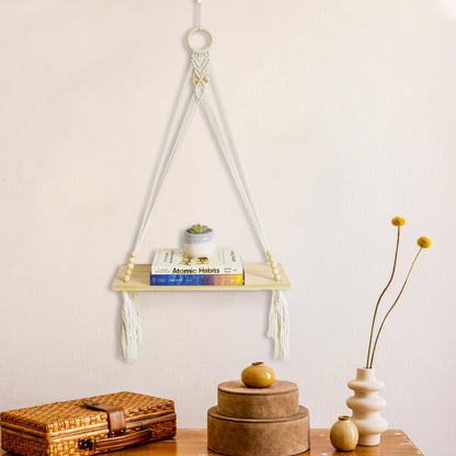 HVEST Macrame Wall Hanging Shelf Boho Wall Decor Floating Storage Book Shelf Beige Handmade Woven Tapestry for Bedroom Living Room Dorm Nursery Bathroom Wall Art Macrame Plant Hanger