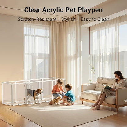 Clear Acrylic Pet Playpen, 25.6" H Transparent Dog Fence with Support Feet, Sturdy & Stylish Indoor Enclosure for Puppy, Cat, Rabbit, Easy to Assemble & Clean