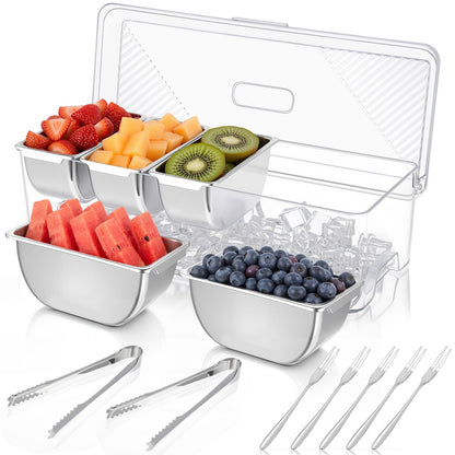 Large Ice Chilled Condiment Server Caddy with 5 Stainless Steel Removable Compartments, Clear Plastic Garnish Tray with Lid, 5 Forks and 2 Tongs, Fruit, Salad, Taco, Bar Platter for Party Bar Supplies