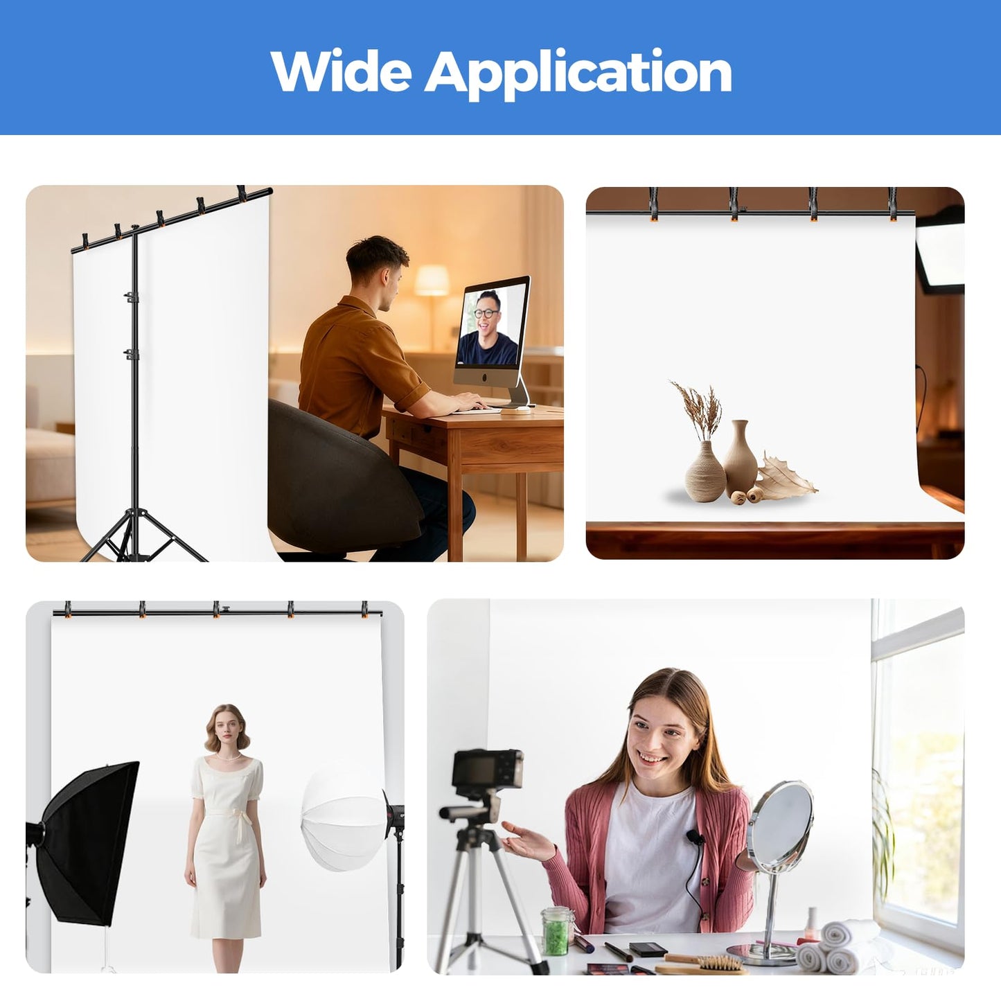EMART 5 * 6.5ft White Photo Backdrop with Stand Kit for Photography Video Studio，White Screen Photoshoot Background Curtain with T-Shaped Portable Backdrop Stand Carrying Bag 5 Clamps