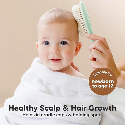 Baby Hair Brush Set for Newborns - Soft Goat Bristle Wooden Baby Brush and Comb Set Newborn Grooming Kit for Cradle Cap, Durable & Gentle, Boy, Girl Infant Essentials Care Kit (Regular, Sage)