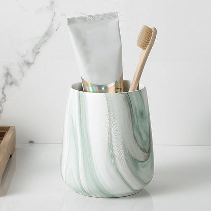 Marble Green Toothbrush Holder for Bathroom - Ceramic Tooth Brushing Holders, Toothbrush Cup, Toothpaste Organizer for Bathroom Countertop, Makeup Brush Holder, Pen Holder for Home Desktop Storage