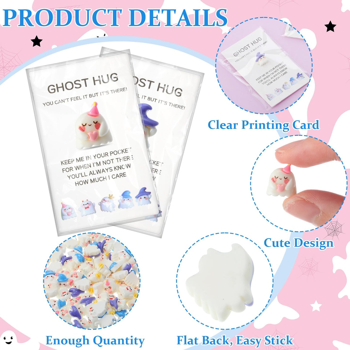 Fiwochic 100 Set Halloween Ghost Pocket Hug Token Gifts Bulk Mini Resin Ghosts Figurines with Cards and Bags Cute Miniature Halloween Party Favors Classroom Rewards Trick or Treat Goodies Bag Filler