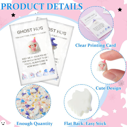 Fiwochic 100 Set Halloween Ghost Pocket Hug Token Gifts Bulk Mini Resin Ghosts Figurines with Cards and Bags Cute Miniature Halloween Party Favors Classroom Rewards Trick or Treat Goodies Bag Filler