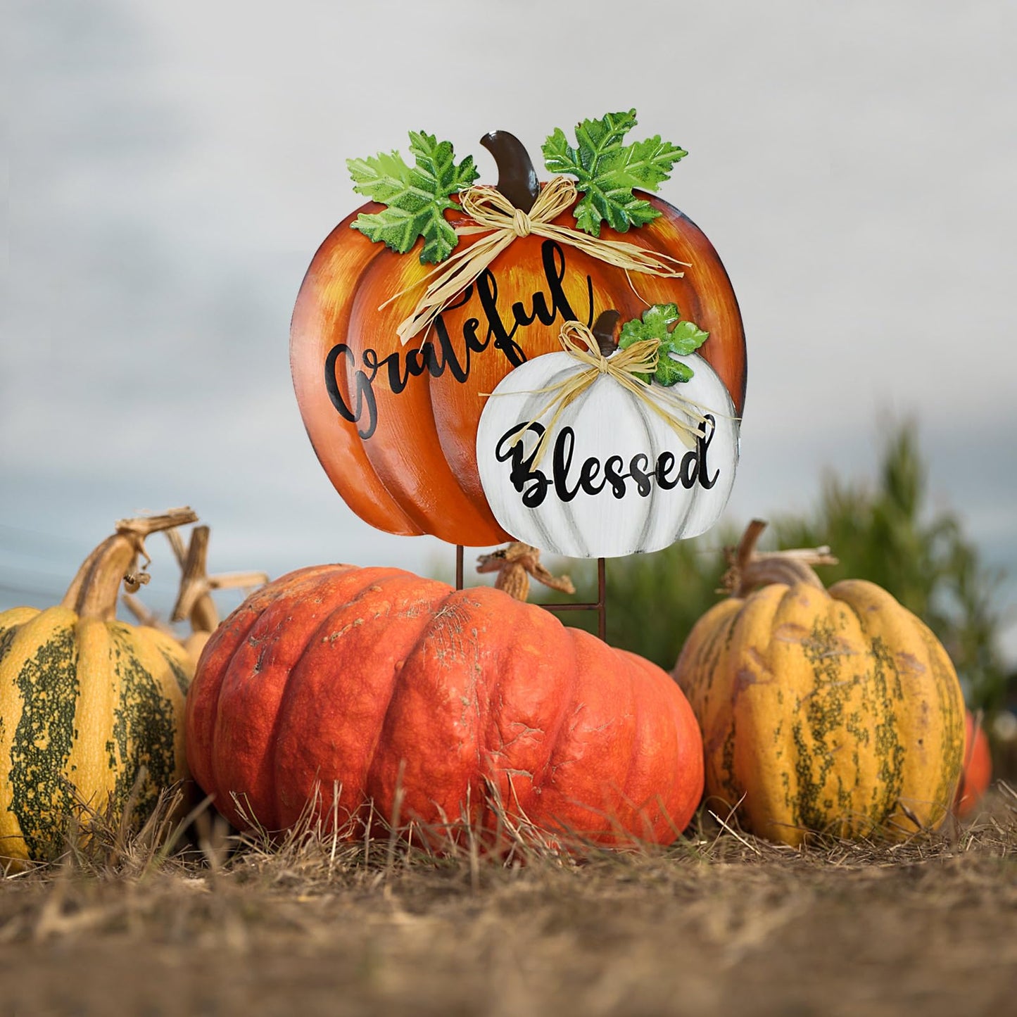 Linfevisi Fall Decor Outdoor Pumpkin Stakes Yard Signs Metal Garden Stake Stacked Pumpkins Lawn Ornaments Yard Art Outside Decorations Autumn Harvest for Thanksgiving Porch Patio 18 Inch