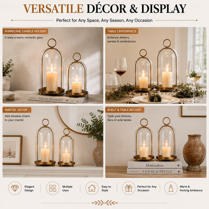 GYKLE Set of 2 Candle Lantern Set - Vintage Brass Candle Holders with Thick Glass Domes (5.25"x10" & 4.5"x7.87"), Perfect for Pillar Candles, Floral Arrangements, and Vintage Home Accents