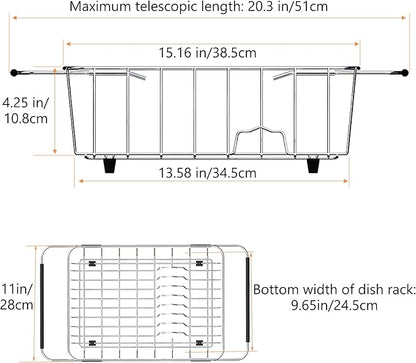 NiuYichee Stainless Steel Dish Drying Rack(15"L X 11"W X 4.1"H), Expandable Fruit & Vegetable Drain Rack over Sink, Dish Drainer Rack in Sink, with Stainless Steel Utensil Holder & Silicone Mat(16")