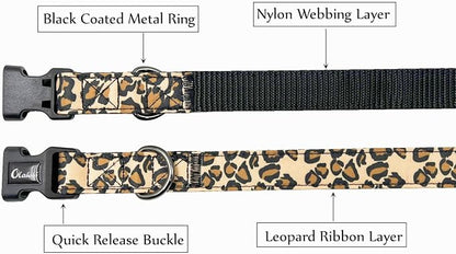 Dog Collar Leash Set, Leopard Pattern, Nylon Webbing Plus Cotton Ribbon, 5ft Matching Leash, for Small Dogs.(S, Brown Leopard)