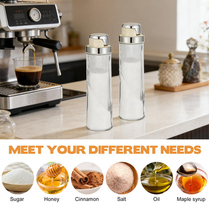 2 PCS 20 OZ Large Glass Sugar Dispenser with Pour Spout Large Capacity Glass Jars for Sugar Coffee Sugars Container Non-slip Ribbed Design Food-Grade for Salt Tea Coffee Station Kitchen Baking, Silver