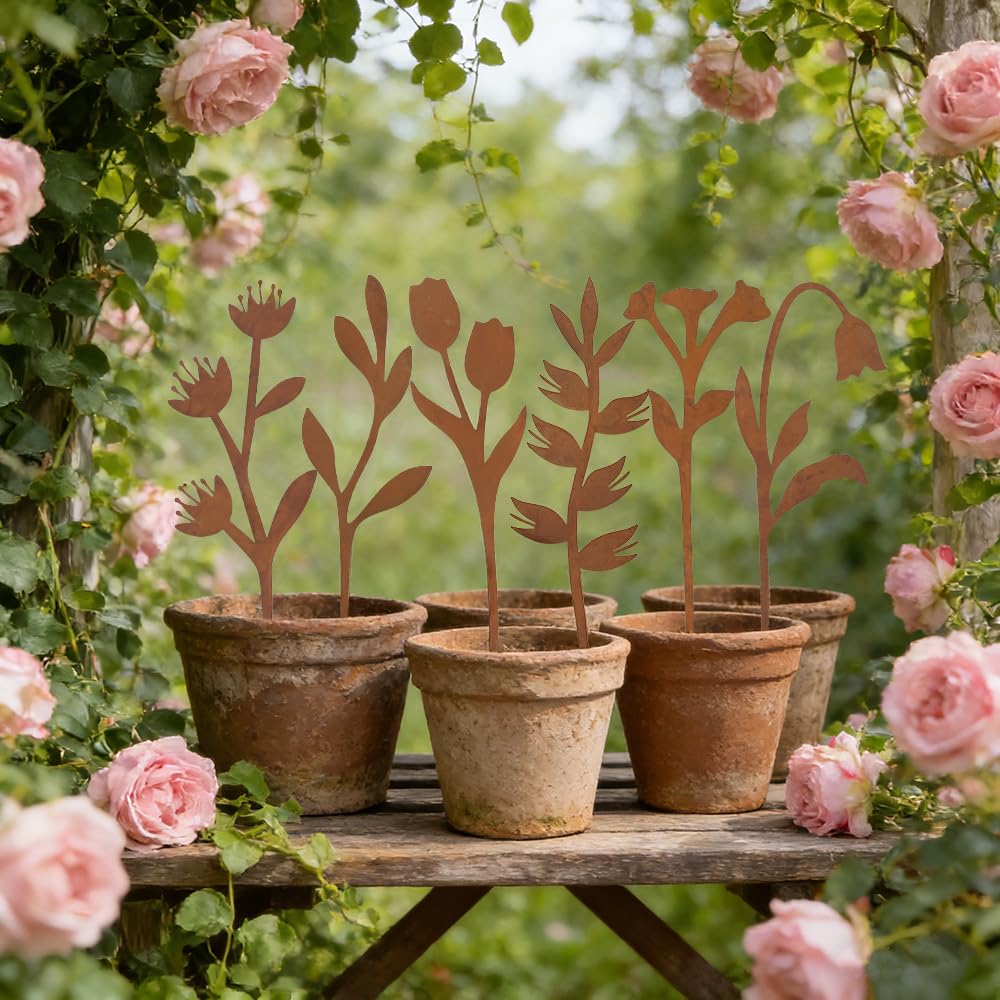 hogardeck Garden Decor for Outside, 6 Pcs Rusty Metal Flower Garden Stakes with Fern Leaf Design for Outdoor Yard Art, Rustic Plant Stakes for Flower Bed, Pot, Vase