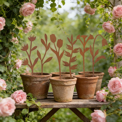hogardeck Garden Decor for Outside, 6 Pcs Rusty Metal Flower Garden Stakes with Fern Leaf Design for Outdoor Yard Art, Rustic Plant Stakes for Flower Bed, Pot, Vase