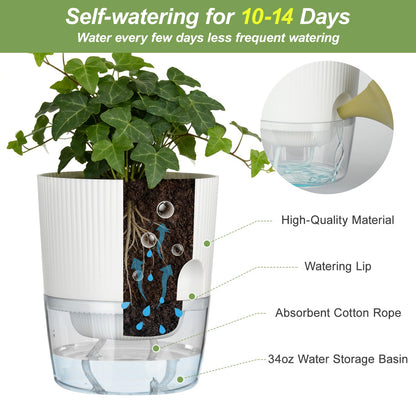 Samhe Plant Pots, 4 Pack 5.7 Inch Self Watering Pots for Indoor Plants, Flower Pots with Deep Reservoir and Drainage Holes - White