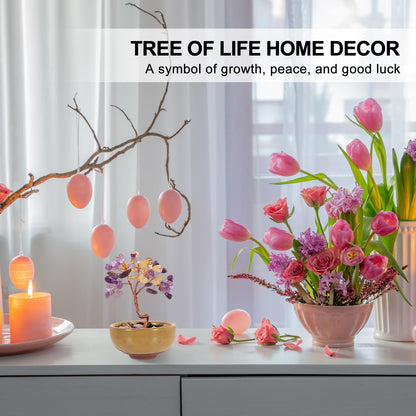 MECCANIXITY 7 Chakra Crystal Tree of Life, Natural Rose Crystal Gemstone Tree Handmade Feng Shui Bonsai with Agate Base for Positive Energy, Good Luck, Home Office Decor (4x2.4Inch Pink)