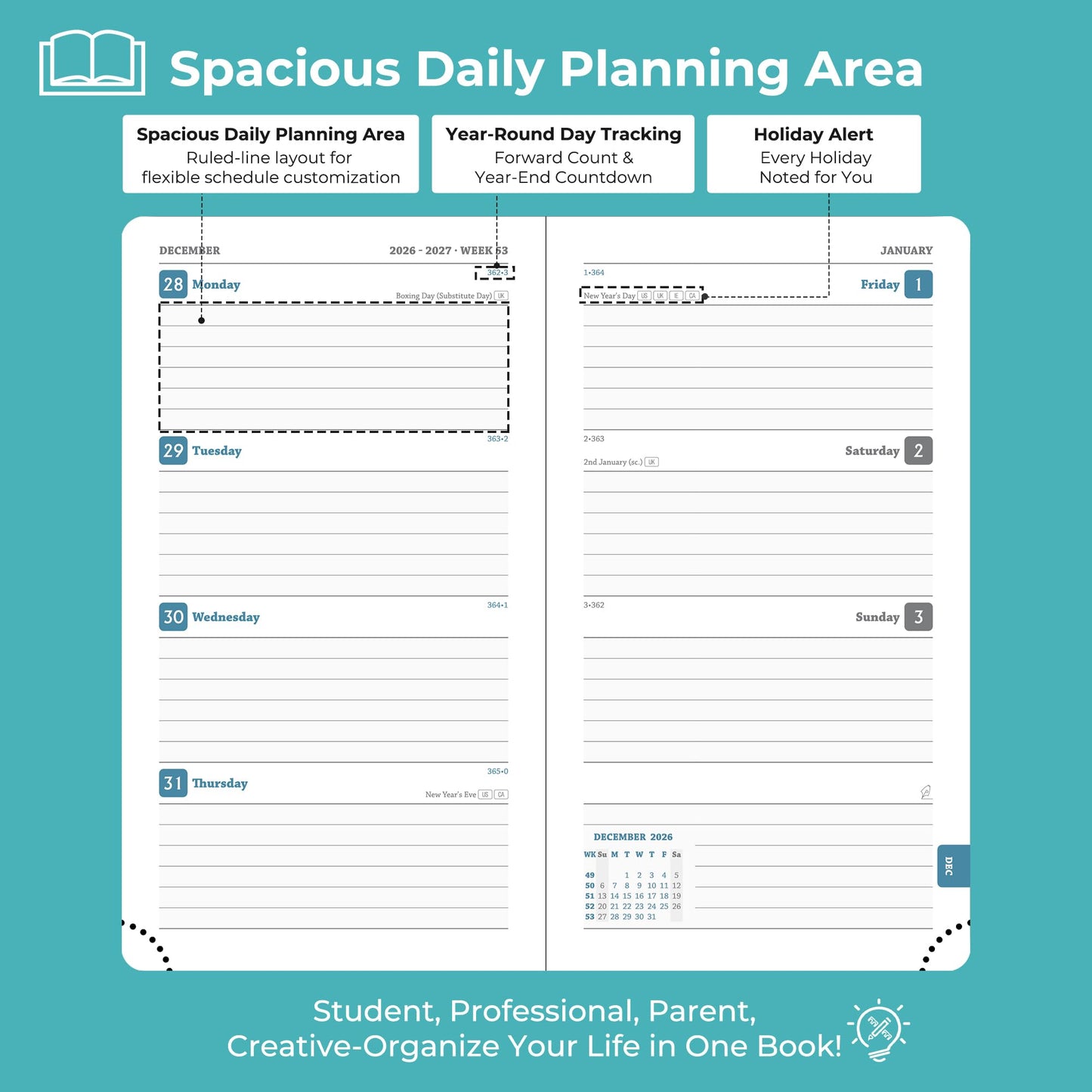 IN-LUXPRO Planner 2026-2027 Daily Weekly and Monthly,6.5"x3.75",18 Months Spiral Bound Calendar Agenda with Self-adhesive Pen Holder,2026 Academic Plan with Vegan Leather Soft Cover,Light Blue