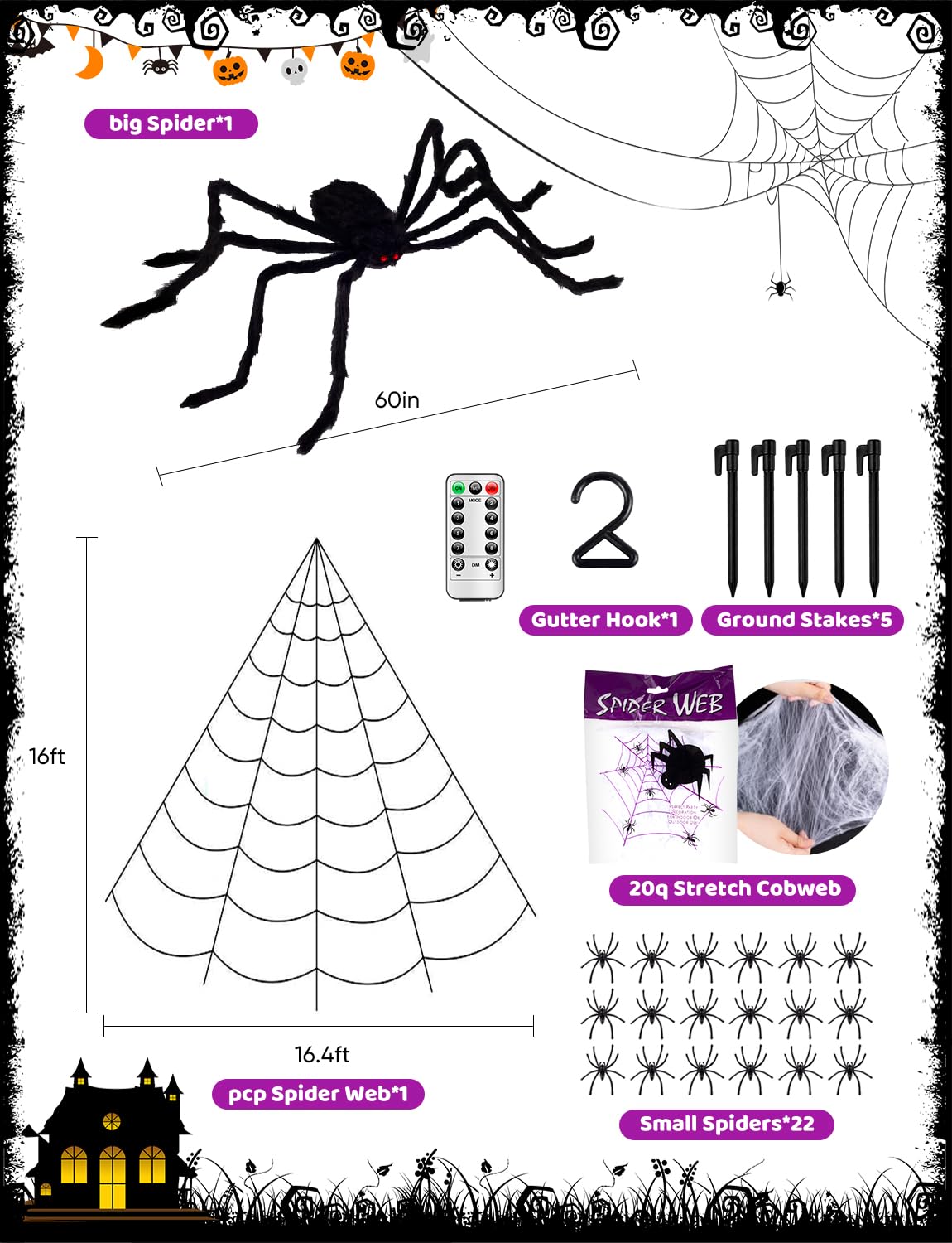 Spider Webs Halloween Decorations Lights - 250 LEDs 16.4Ft Outdoor Battery Operated String Purple Halloween Lights with 8 Modes Remote Control Spiderweb,47" Large Spider,Waterproof (Purple)