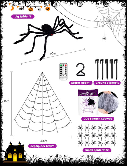 Spider Webs Halloween Decorations Lights - 250 LEDs 16.4Ft Outdoor Battery Operated String Purple Halloween Lights with 8 Modes Remote Control Spiderweb,47" Large Spider,Waterproof (Purple)