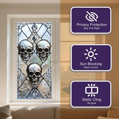 IVN Privacy Window Film Decorative Stained Glass Skull Design, Gothic Static Cling Window Film for Living Room Bedroom Door Panel 17.7 x 39.3 Inch