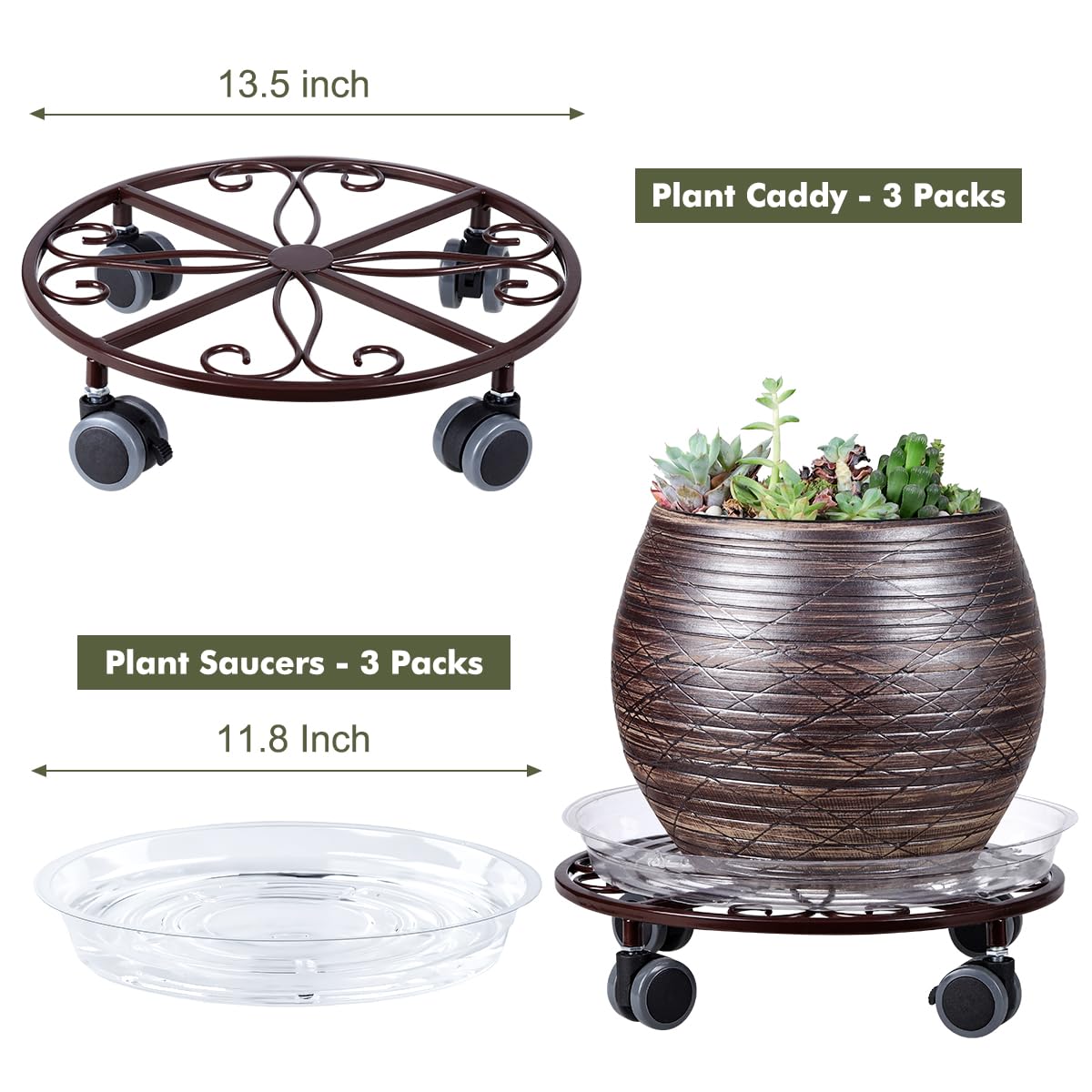 3 Pack Plant Caddy with Wheels Heavy Duty 13.5 Inches Metal Plant Stand with Wheels Plant Dolly Rolling Plant Stand Plant Roller with Casters for Indoor and Outdoor, Bronze