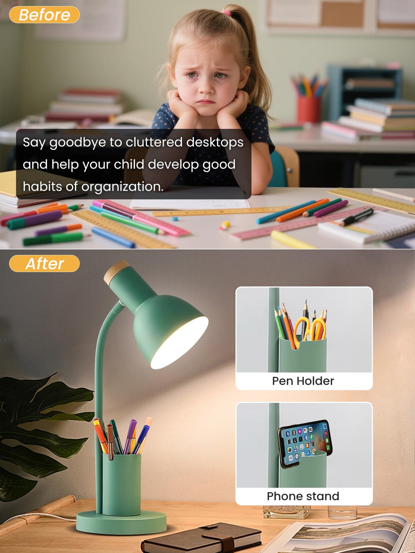 DSYHYL LED Desk Lamp for Home Office, Table Lamp with Pen Holder, 3 Color Modes Reading Light, Eye-Caring Desk Light with Gooseneck, Metal Study Lamp for Dorm Bedside Bedroom (Green Lamp)