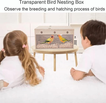 Tfwadmx Parakeet Nesting Box, Transparent Bird Nest Breeding Box, Wood Parrot Nest Box with Perch Bird Cage House for Cockatiel Lovebirds Budagie Canary Finch(L)