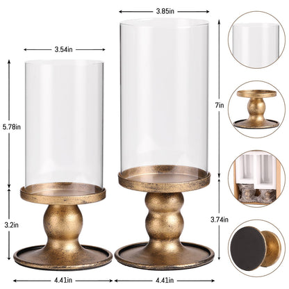 NITIME 2pcs Hurricane Candle Holder for Pillar Candles, Antique Brass Iron Candle Holders with Clear Glass Sleeve for Table Centerpieces, Pillar Candle Holders for Home, Wedding Decor