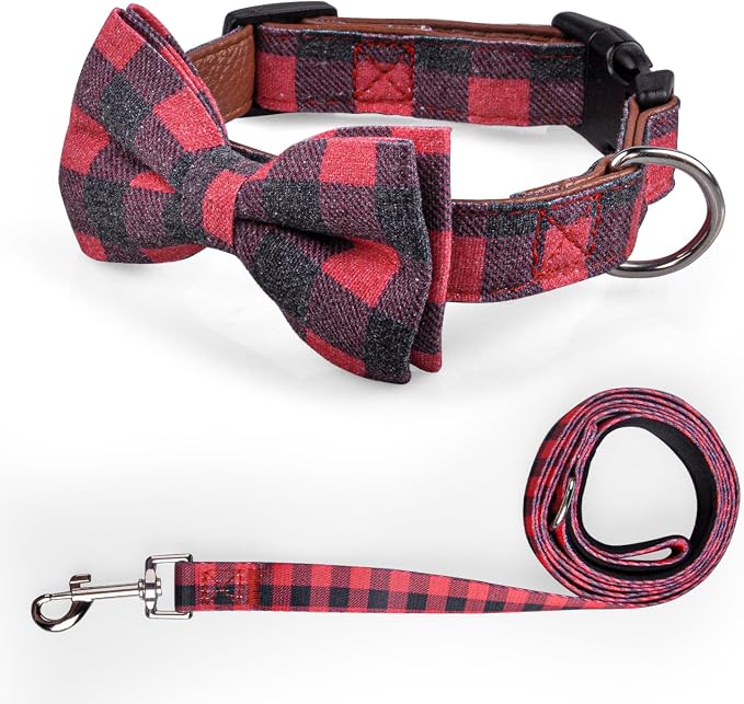 IVY&LANE Dog Collar with Bowtie and Leash Set | Plaid Adjustable Dog Collar | Detachable Bow Tie |5 FT Dog Leash | for Small Medium Large Dogs | Checkered Red | Medium