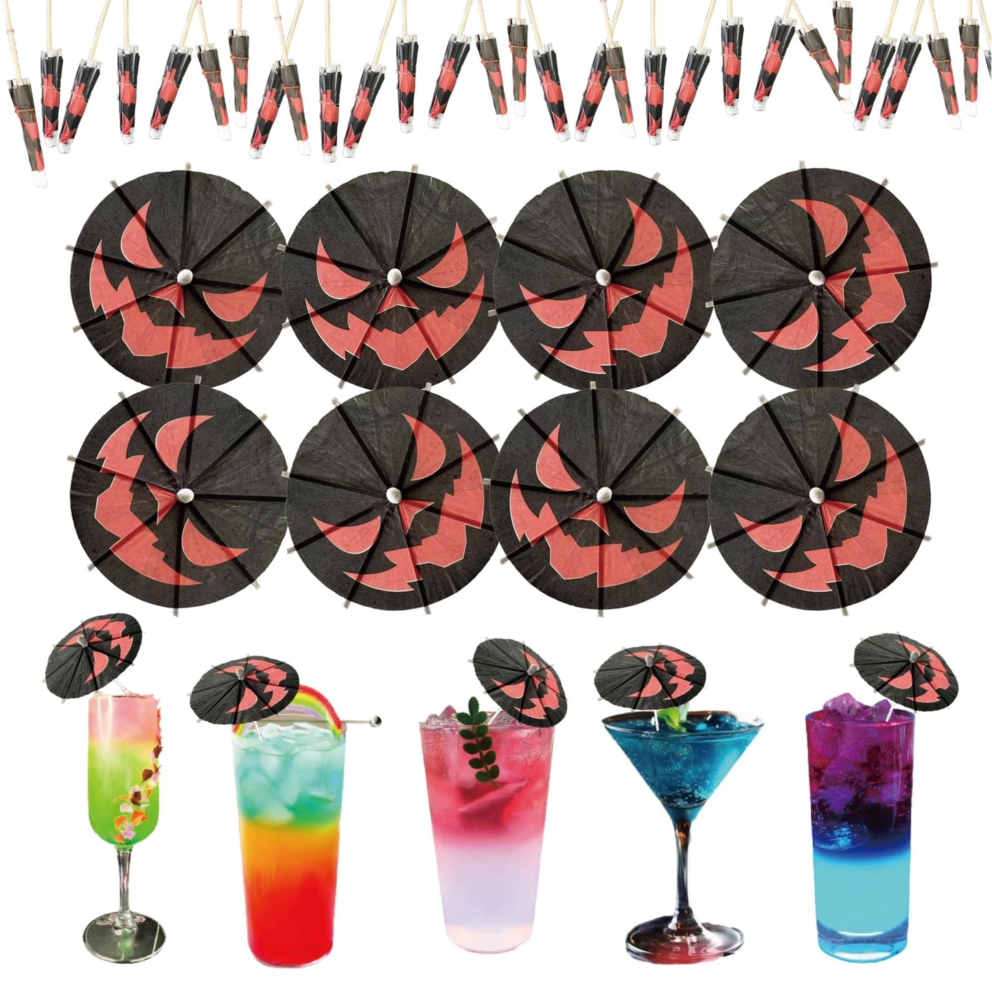 140 Pcs Halloween Pumpkin Cocktail Umbrella Picks - Spooky Fun Drink Stirrers, Fruit Cupcake Toppers for Festive Parties & Decorations (Red-Black)