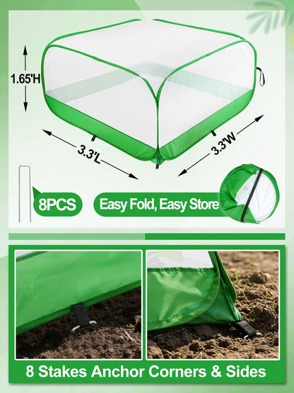 Pop Up Garden Netting for Square Raised Beds - 3.3'L x 3.3'W x 1.65'H Ultra Fine Mesh Net Plant Cover with 8 Stakes, Protection for Vegetables Fruit from Birds Pests