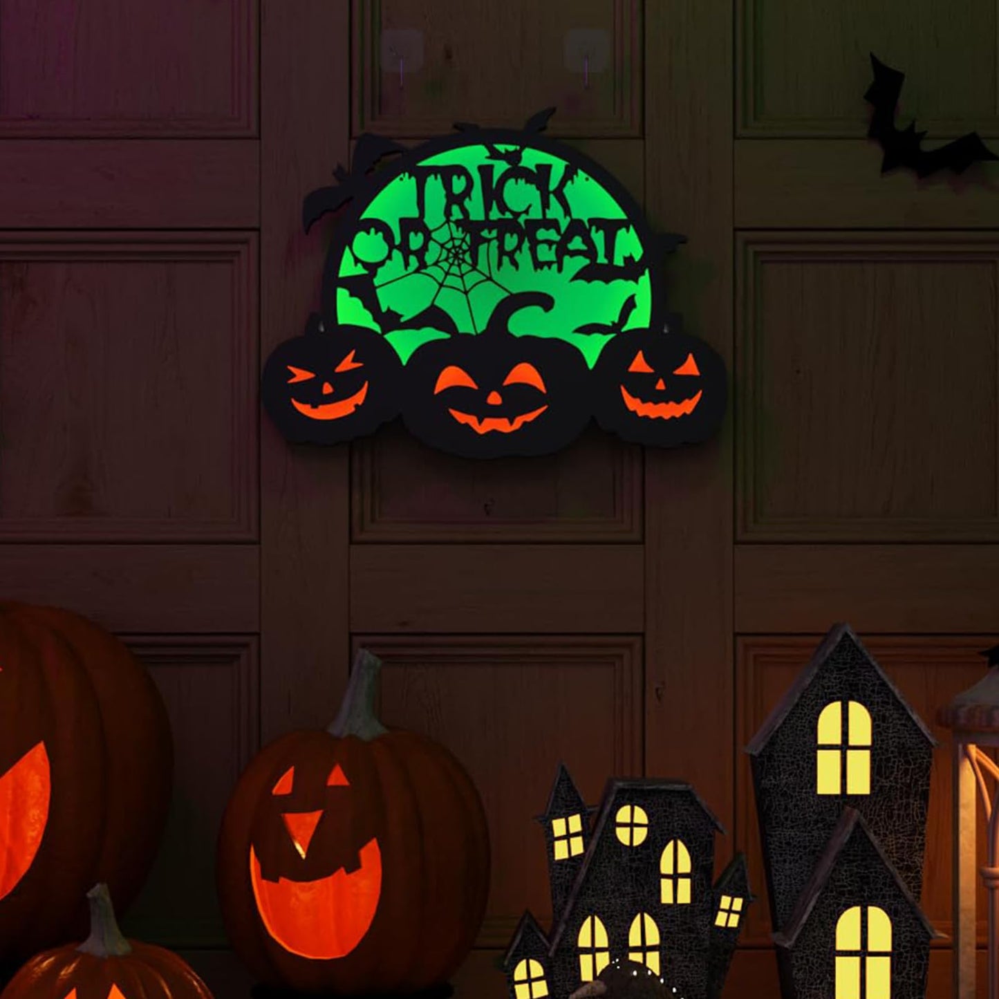 Halloween Pumpkin Lights, LED Connected Jack O Lantern With Light Up Green Moon, Bat Spider Web & Trick or Treat Wording, USB & Battery Powered With Timer, Halloween Decorations Kids Wall Window Art