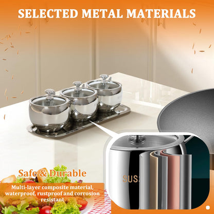 Roucerlin 3 Grids 10 Oz Stainless Steel Sugar Bowl with Spoon Tray Lid, Silver Salt Spice Containers Dispenser Set, Sugar Jar Holder Dish for Coffee Bar Storage Seasoning Kitchen Countertop (Silver)