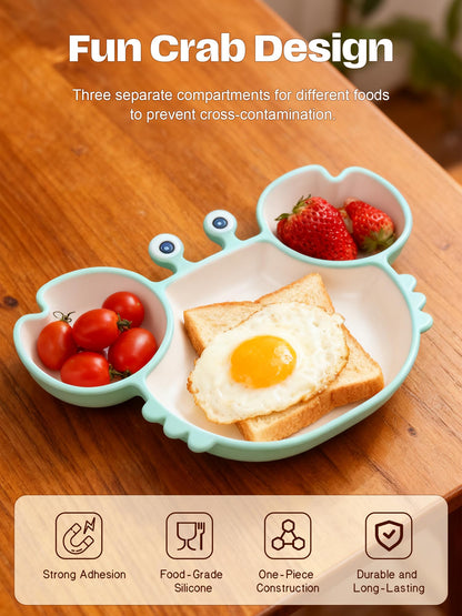 Magemata Crab-Shaped Meal Tray with Suction Base & Lid - 7.4"x7.4"x1.5"Adult Bento Box, Food-Grade Silicone, 3-Compartment Plate with Spoon & Fork for Office, Picnic, Party (Pumpkin Brown)