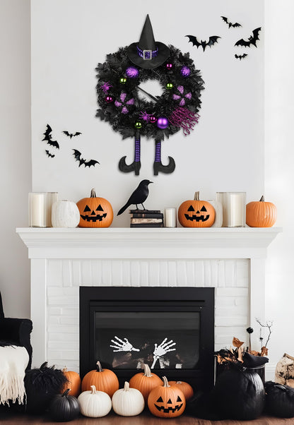 Halloween Wreath for Front Door 26" Tinsel Black Witch Wreath with Hat Legs and Purple Pumpkin for Fall Autumn Indoor Window Door Thanksgiving Halloween Decorations