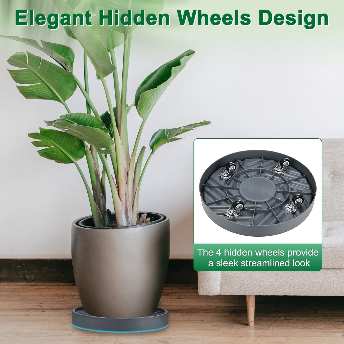 M METERXITY 2PCS Round Planter Caddies, 12 Inches Plastic Plant Roller with Wheel, Plant Saucers for Indoors, Plant Stand for Flower Pots [Gray]