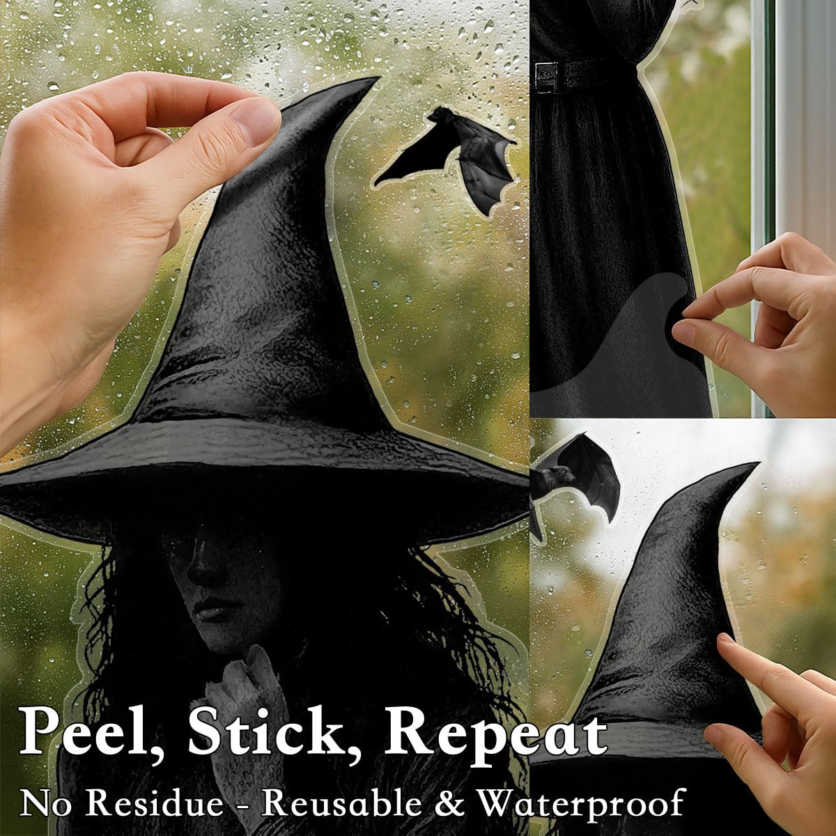 Halloween Window Clings, 3 Large Reusable Scary Witch Silhouette Window Clings & Bat Decals, Witches Silhouette Static Clings for Glass, Indoor Halloween Decorations for Home, School & Office